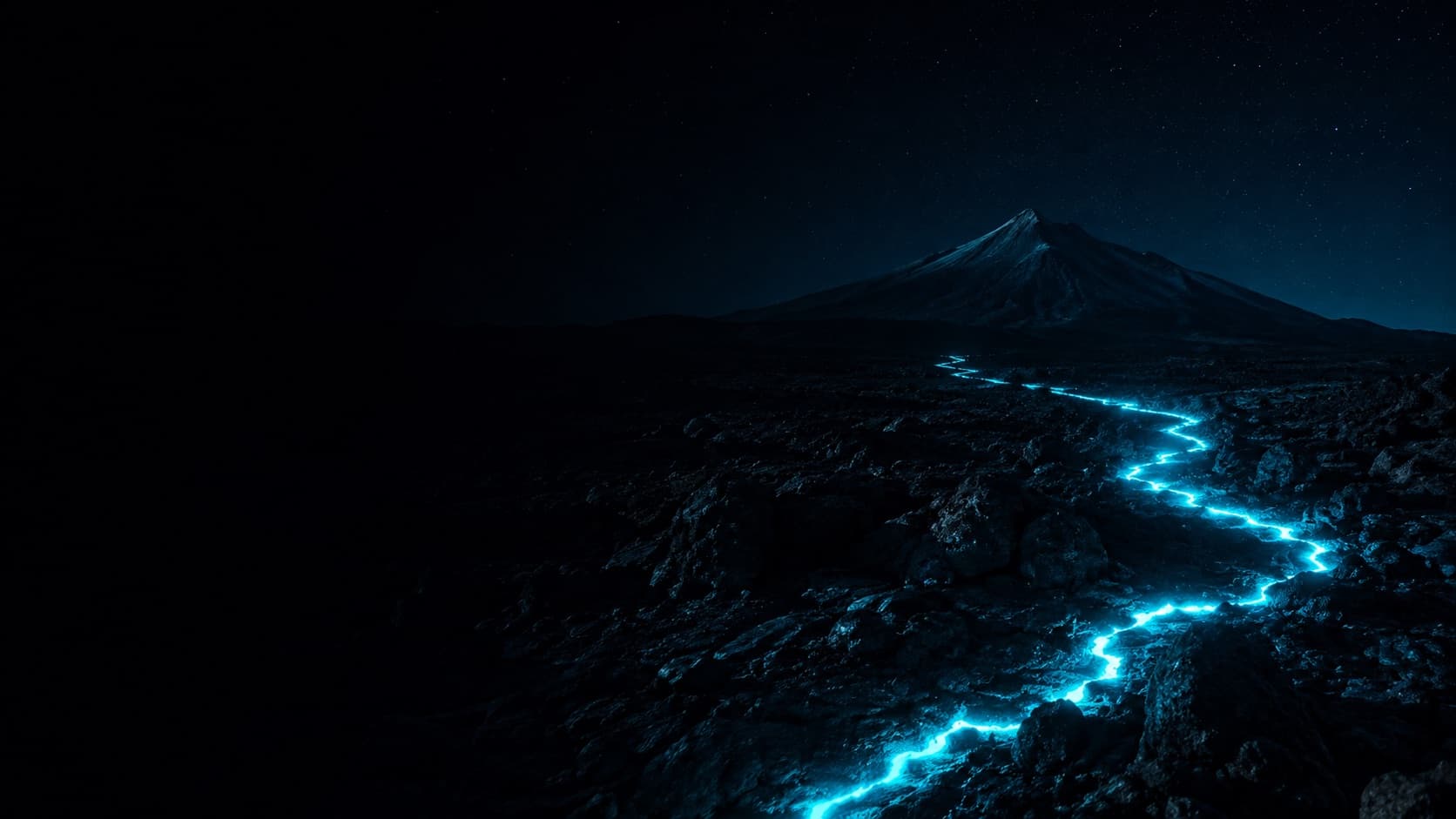 El Teide de noche bajo las estrellas, con un río de lava cian bajando por el campo de roca volcánica